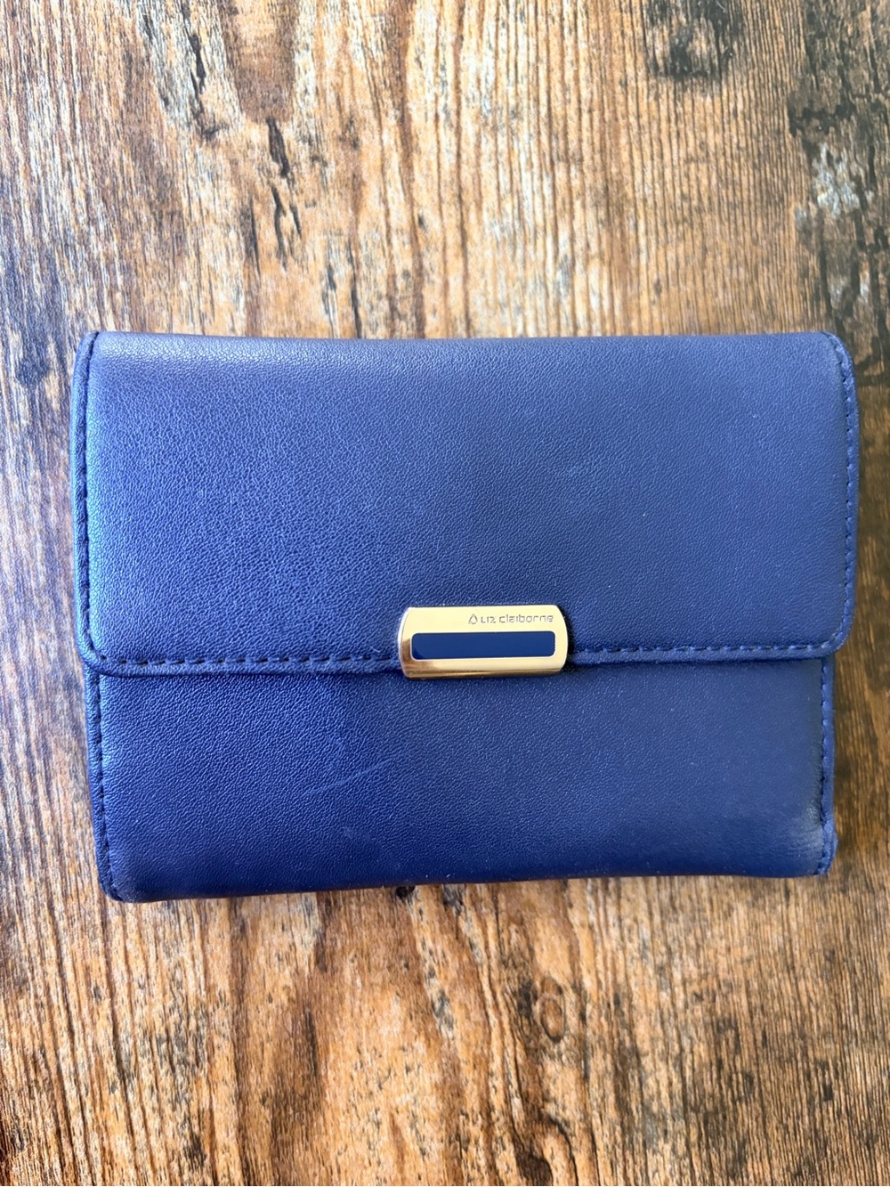 Liz Claiborne Blue Fold-Over Wallet with Gold-Tone Accent